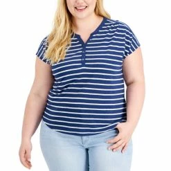 Flash Sale 🔔 Style & Co Plus Size Split Neck Top, Created For Macy's Pencil White 🎉