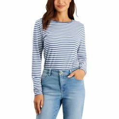 New ✨ Style & Co Petite Striped Classic Long-Sleeve T-Shirt, Created For Macy's Blue Corefeeder 🤩