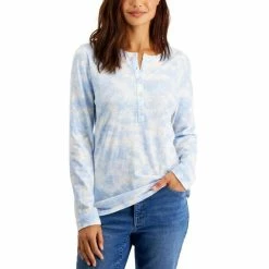 Best Pirce 👍 Style & Co Petite Cotton Tie-Dyed Henley Long-Sleeve Top, Created For Macy's Pink Waterdye ⭐