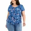Outlet 👍 Style & Co Plus Size Printed Puff-Sleeve Top, Created For Macy's Palm Escape Blue ✔️ -Style & Co Sales unnamed file 1782