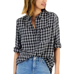 Promo 👍 Style & Co 👩 Women's Cotton Plaid Button-Front 👕 Shirt, Created For Macy's Industrial Blue Combo 🤩 -Style & Co Sales unnamed file 207