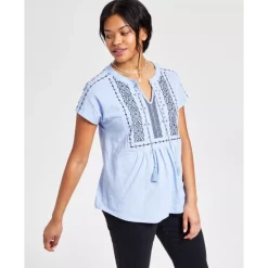 Flash Sale 👏 Style & Co 👩 Women's Embroidered Split-Neckline Top, Created For Macy's Denim Blue 💯 -Style & Co Sales unnamed file 460