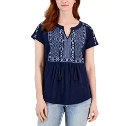Flash Sale 👏 Style & Co 👩 Women's Embroidered Split-Neckline Top, Created For Macy's Denim Blue 💯 -Style & Co Sales unnamed file 461