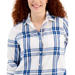 Promo 🔔 Style & Co 👩 Women's Cotton Plaid Button-Front 👕 Shirt, Created For Macy's White/blue Combo 👍 -Style & Co Sales unnamed file 583