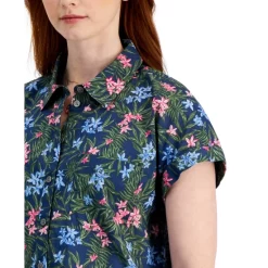 Coupon ❤️ Style & Co 👩 Women's Cotton Printed Camp 👕 Shirt, Created For Macy's Rihanna Blue 🔔 -Style & Co Sales unnamed file 869